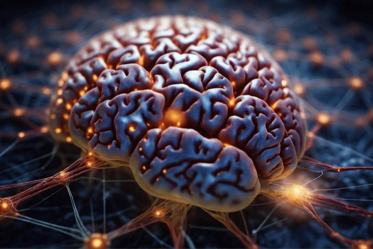 Stock image of an AI looking brain and neurons firing